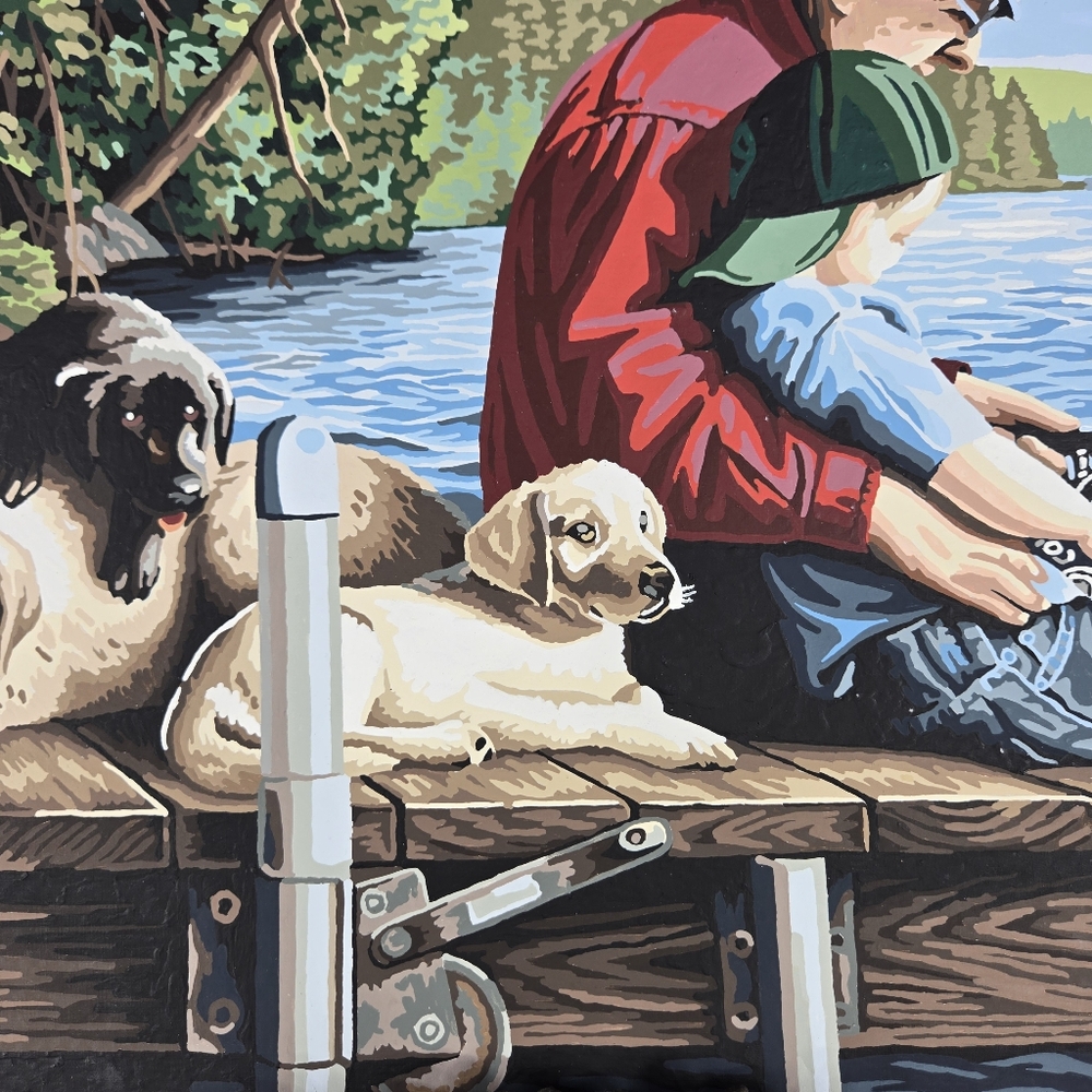 Grandpa With Grandson Fishing On‎ Dock With Labs Vintage Paint By Number 20x16 - Picture 6 of 17